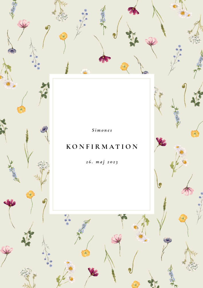 
                Sød og elegant blomster invitation til din konfirmation. Den er dækket med en masse smukke blomster i forårets farver. Den vil passe perfekt til en forårs konfirmation invitation. Her er god plads til tekst på forsiden og de øvrige praktiske oplysninger for konfirmandens store festdag kan indsættes på bagsiden. Du kan også indsætte et smukt billede af den kommende konfirmand. Der er desuden mulighed for design af alt det relateret tilbehør af festpynt I skulle få brug for i samme design såsom matchende velkomstskilt, bordoversigt, bordkort, menukort, takkekort mm.                